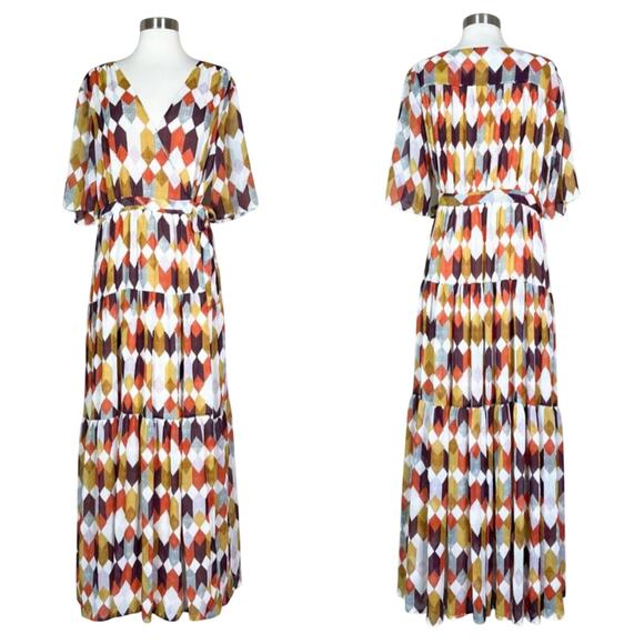 Roller Rabbit | Noma Geometric Print White Orange Short Sleeve Wrap Maxi Dress - Picture 1 of 13